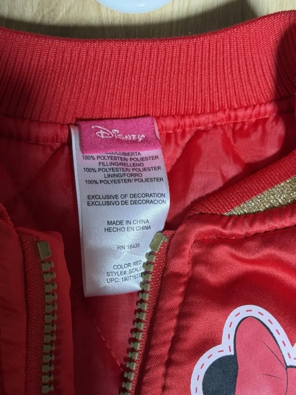 Disney Minnie Mouse Bomber Jacket Girls 5/6 Red Lined Insulated Full Zip